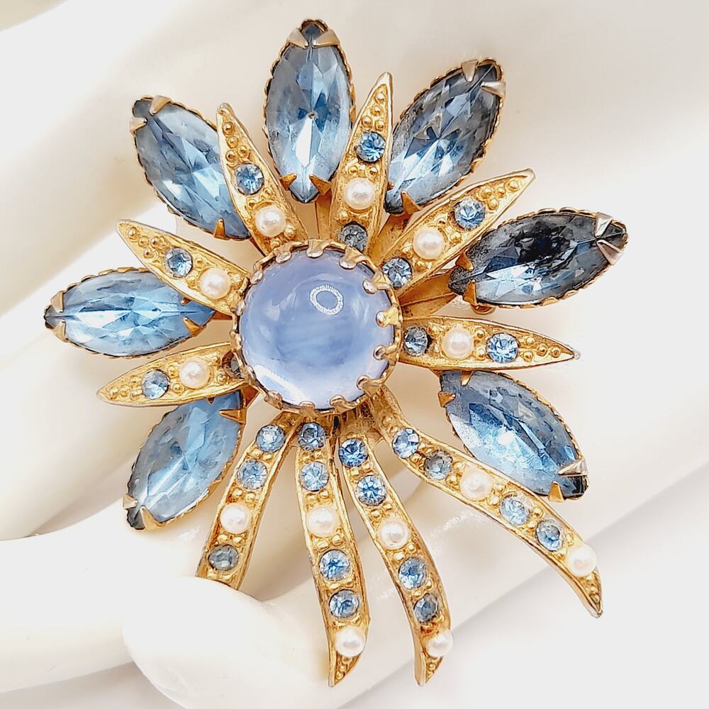 Vintage Selini Blue Rhinestone Pearl Brooch Cabochon Floral Pin 2"